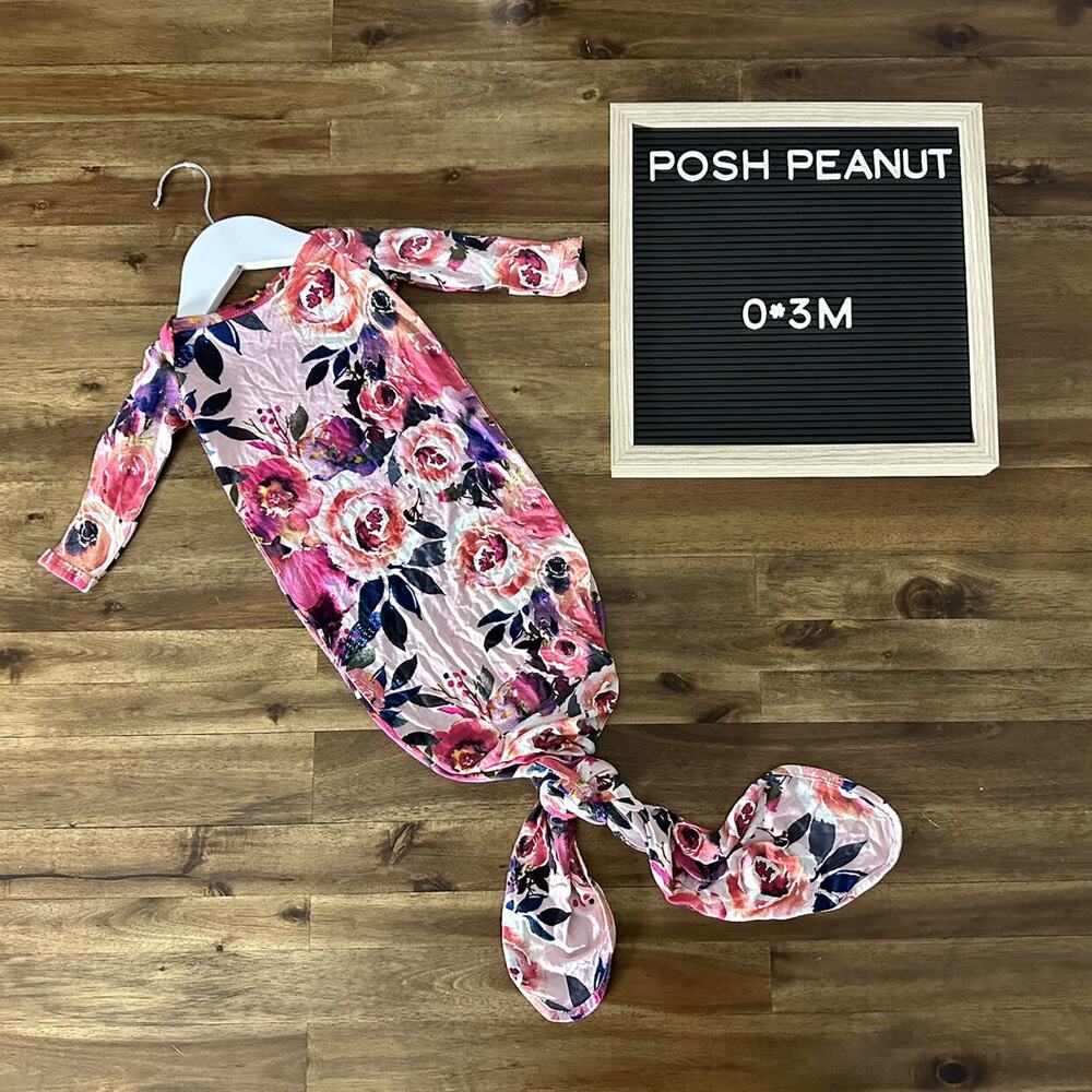 NEW Posh Peanut Dusk Rose Pink Floral Long Sleeve Bamboo Knotted Baby Gown 0-3M